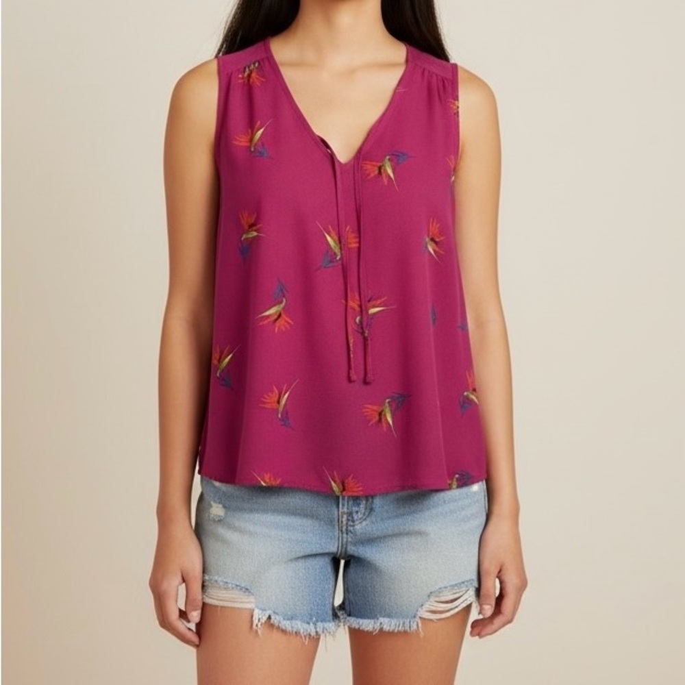 George Bird‎ of Paradise Print Sleeveless V-Neck Blouse Top M/M